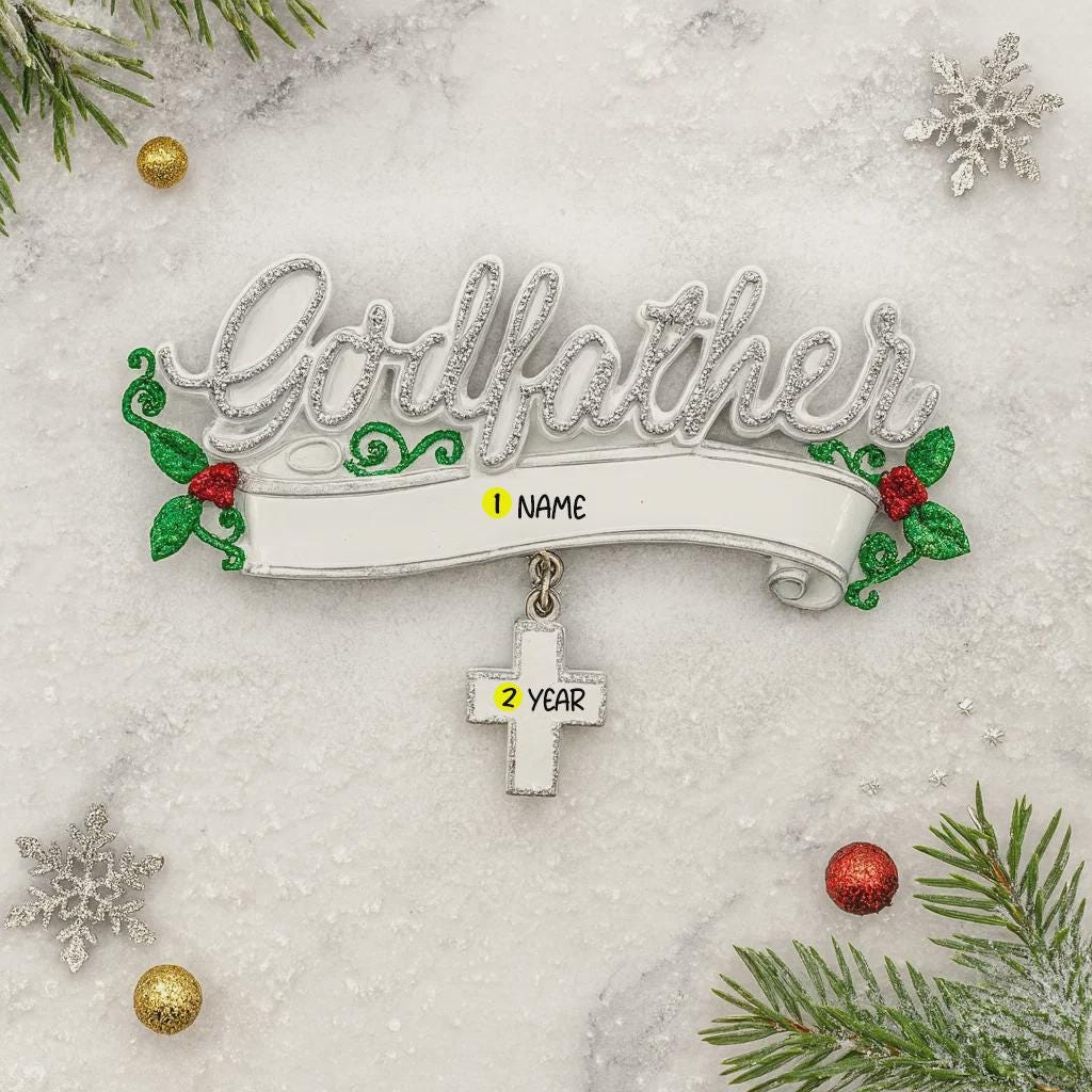Decorative ornament for Godfather with customizable name and year, surrounded by Christmas decorations on a light background.