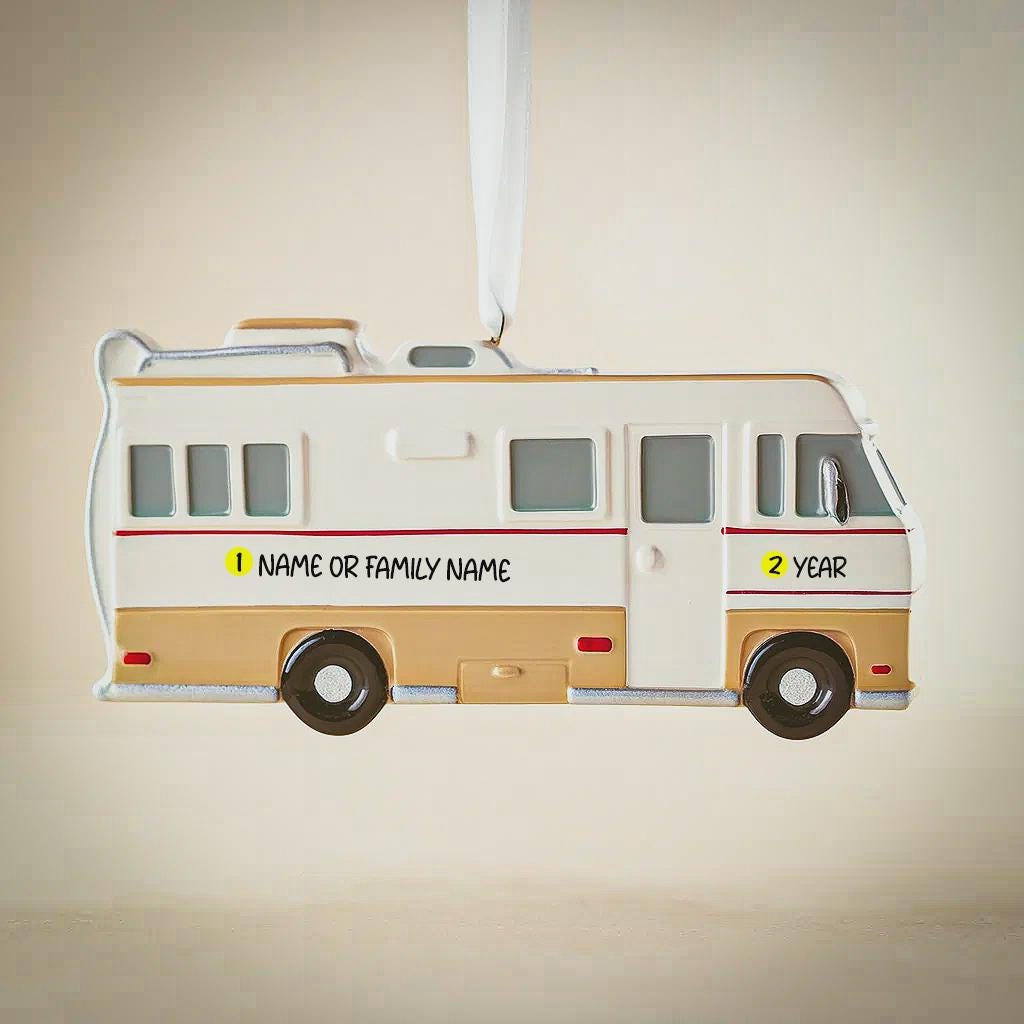 Decorative RV ornament with customizable text on a beige background