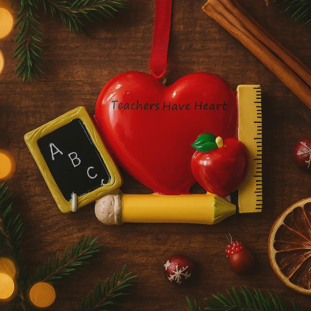 Decorative ornament shaped like a heart with educational elements on a green background with snowflakes and teacher Christmas ornament