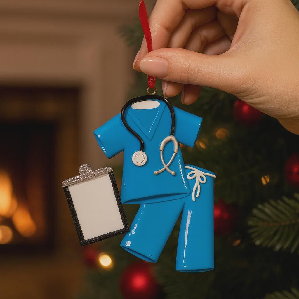 Personalized nurse ornament featuring blue medical scrubs with stethoscope and clipboard design. Custom name and year displayed on the ornament. Smooth resin finish with mostly 2D structure and raised 3D front details. Ideal Christmas ornament for nurses healthcare workers and medical professionals celebrating the holiday season.