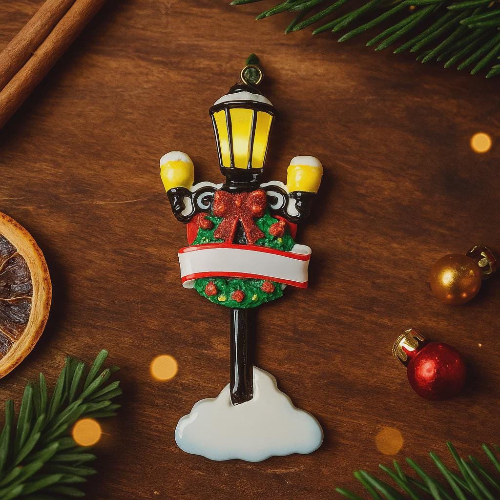 Decorative Christmas street lamp ornament on a wooden surface with festive decorations.