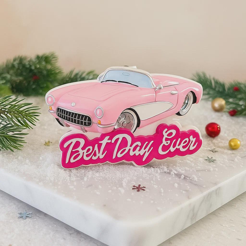 Personalized pink convertible car Christmas ornament with custom name detail and “Best Day Ever” text. This retro style pink car holiday ornament features raised 3D front details and a lightweight flat back design, perfect for Christmas tree décor. A fun keepsake gift for girls, car lovers, birthdays, graduations, or celebrating a special milestone during the holiday season.