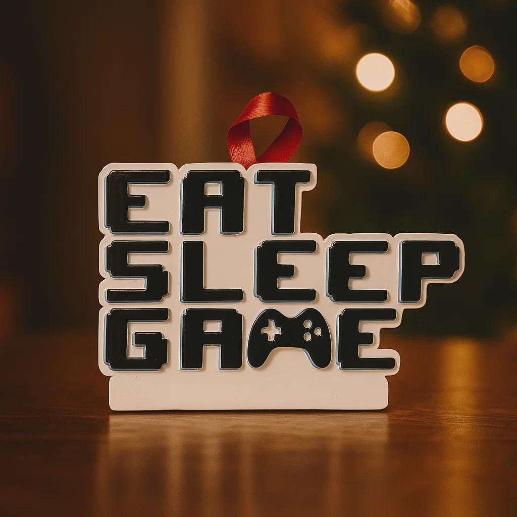 Personalized Eat Sleep Game Christmas ornament with a raised 3D front featuring bold block-style lettering and a detailed game controller icon. The front design is fully three dimensional, creating depth and texture, while the back is flat 2D for easy hanging and durability. White base with black raised letters and subtle colored accents. Includes hand-added personalization with name and year or family name. Gaming-themed holiday ornament displayed on snowy festive background with warm lights, designed for 