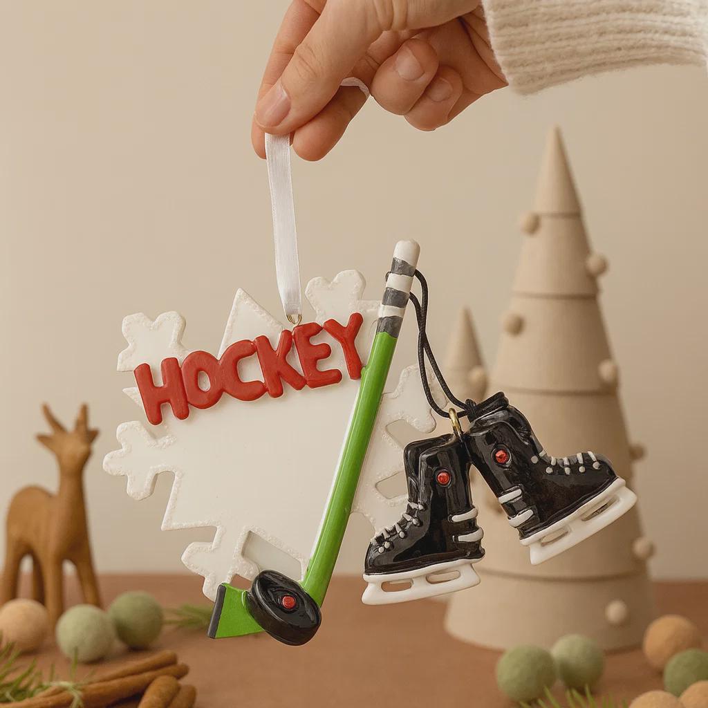 Hockey-themed ornament with skates and stick held by a hand against a neutral background
