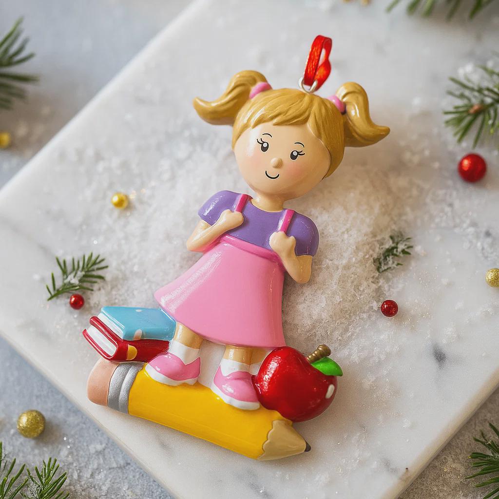 Decorative Christmas ornament of a girl with a pencil and apple on a marble surface with festive decorations.