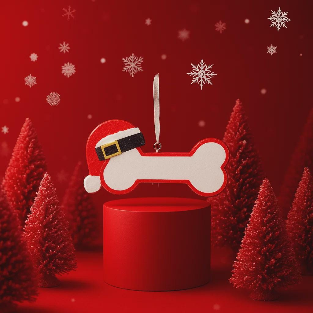 Personalized dog Christmas ornament featuring a bone shaped design with a glitter red Santa hat detail on one end, customizable name area centered on the ornament and customizable year displayed on the opposite side, smooth glossy finish with glitter accents, flat lightweight structure and red hanging ribbon, photographed on a snowy holiday styled background with pine branches, festive Christmas ornaments, dog themed props, and warm seasonal lighting for pet lovers.