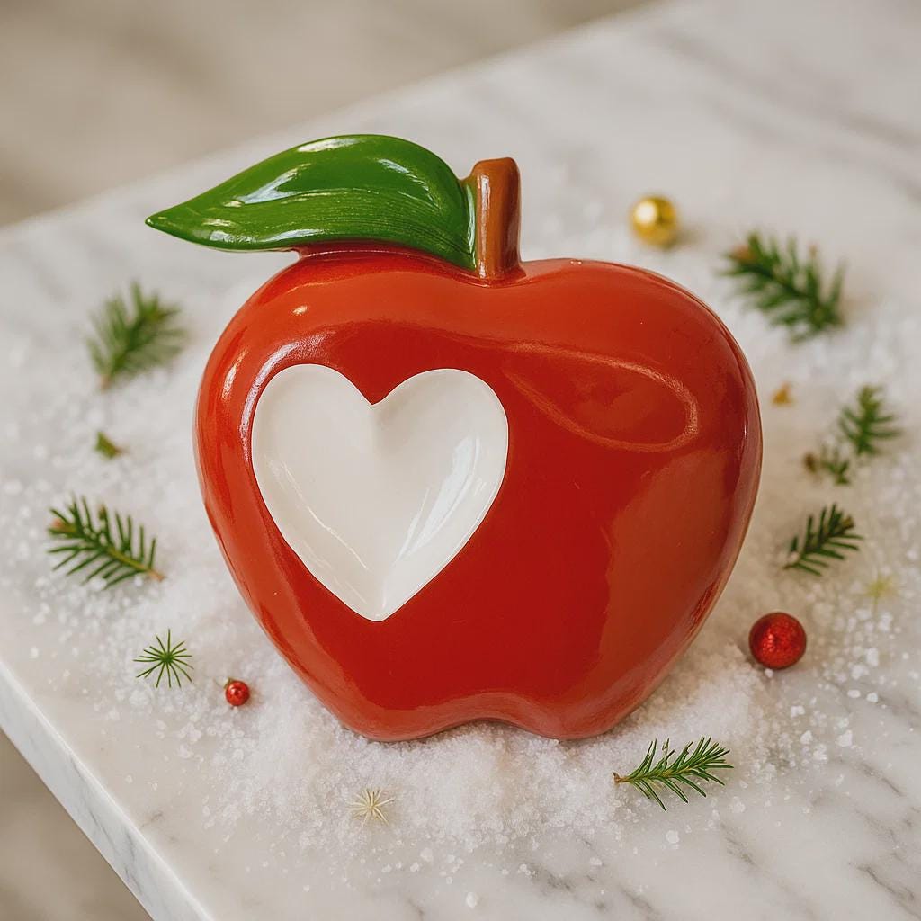 Red ceramic apple-shaped dish with a heart cutout on a decorative surface.
