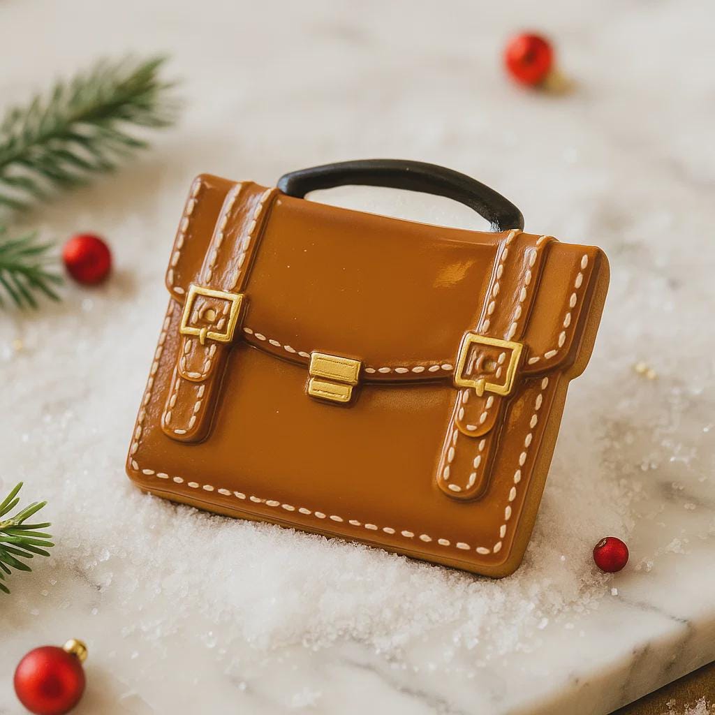 brown briefcase ornament on a green surface with Christmas decorations