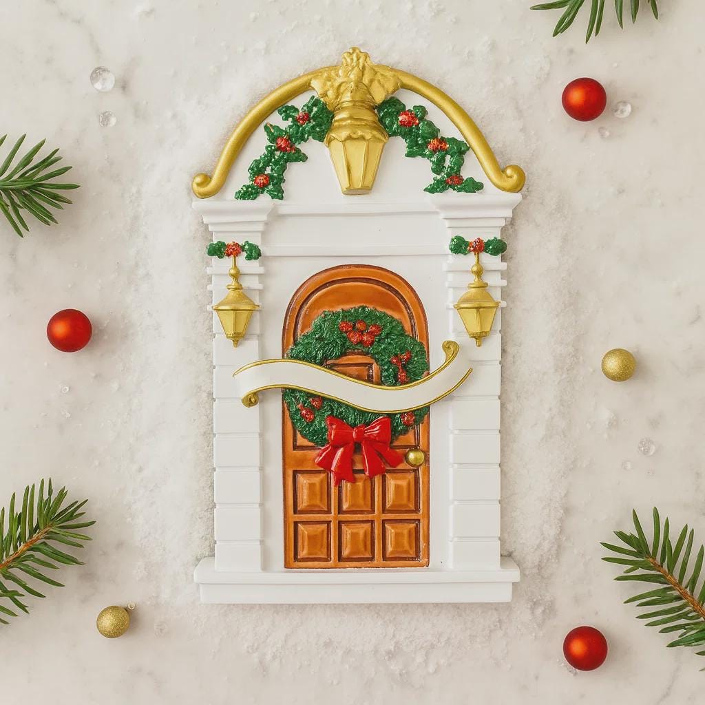 Decorative Christmas door ornament with gold accents, red bow, and greenery on a light background.