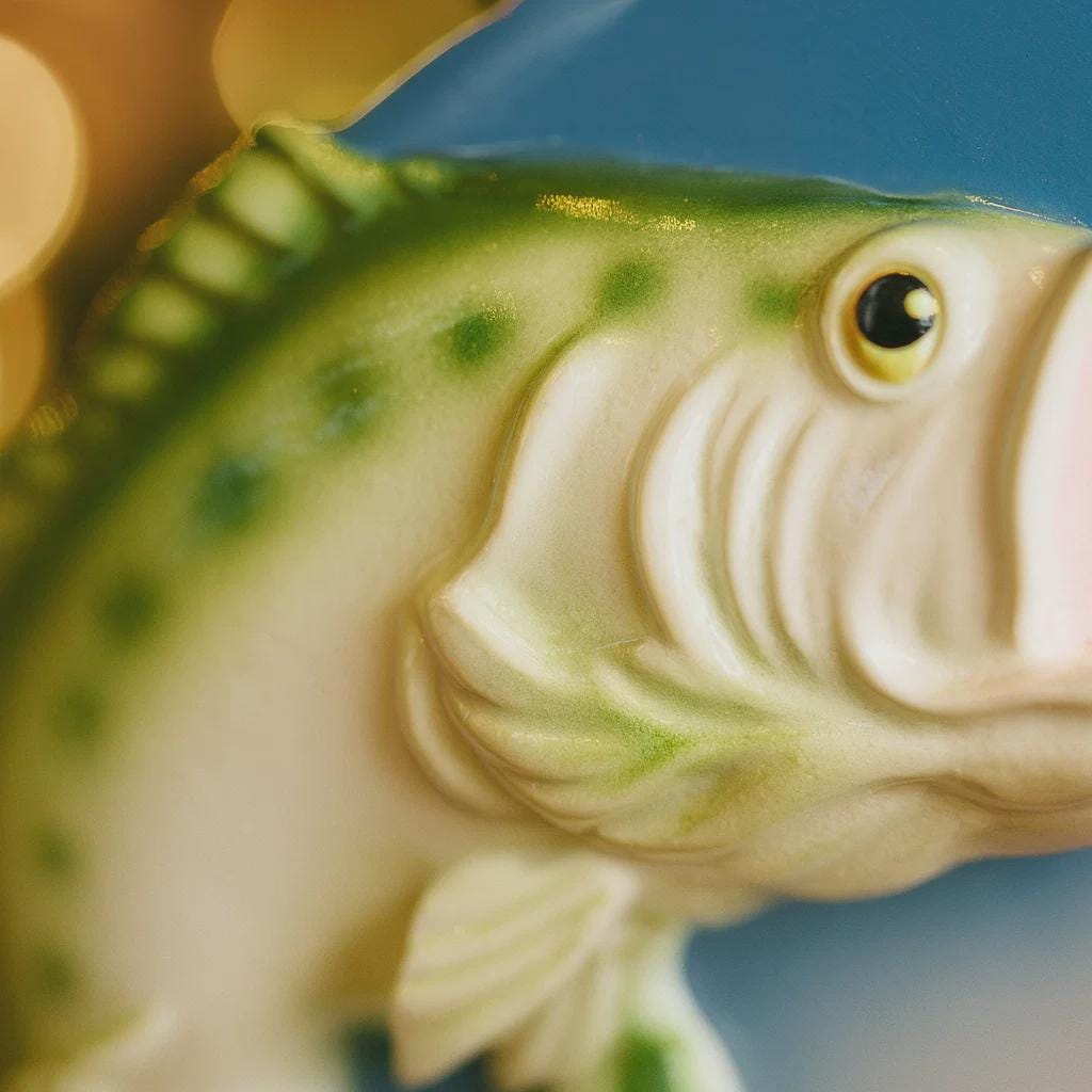 Decorative Bass fish ornament held by a hand with a blurred Christmas tree in the background