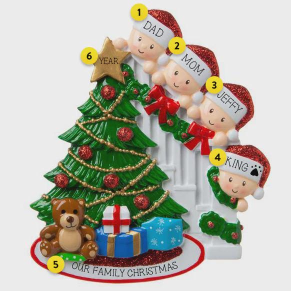 Personalized Christmas ornament with family members around a Christmas tree and presents.