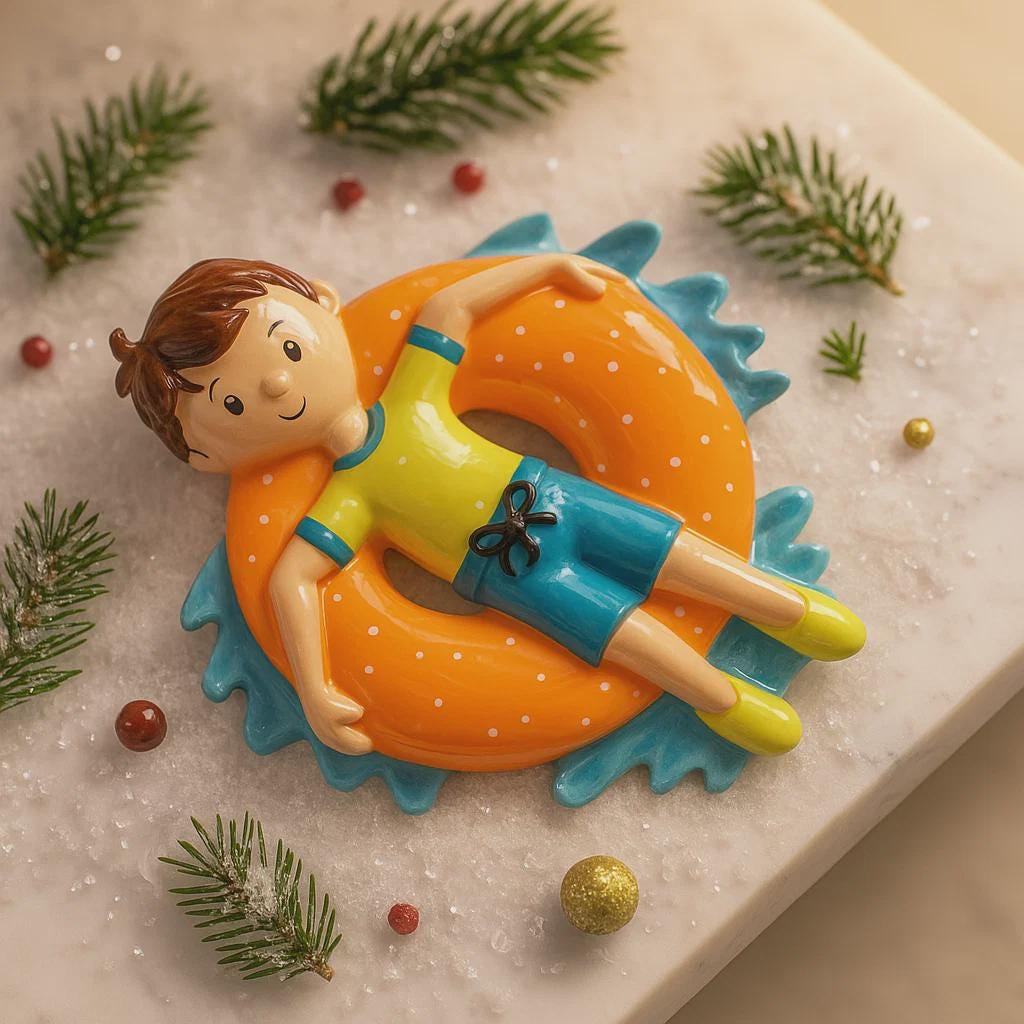 Decorative figurine of a boy on an inner tube with Christmas decorations.