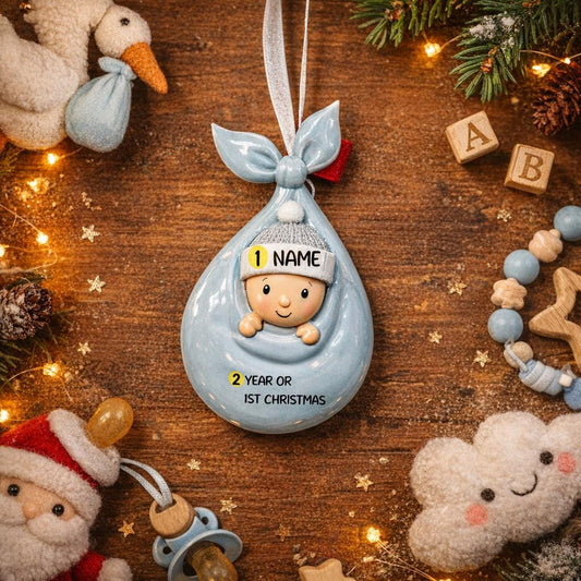 Personalized baby first Christmas ornament with custom name and year, blue swaddle newborn keepsake holiday decoration