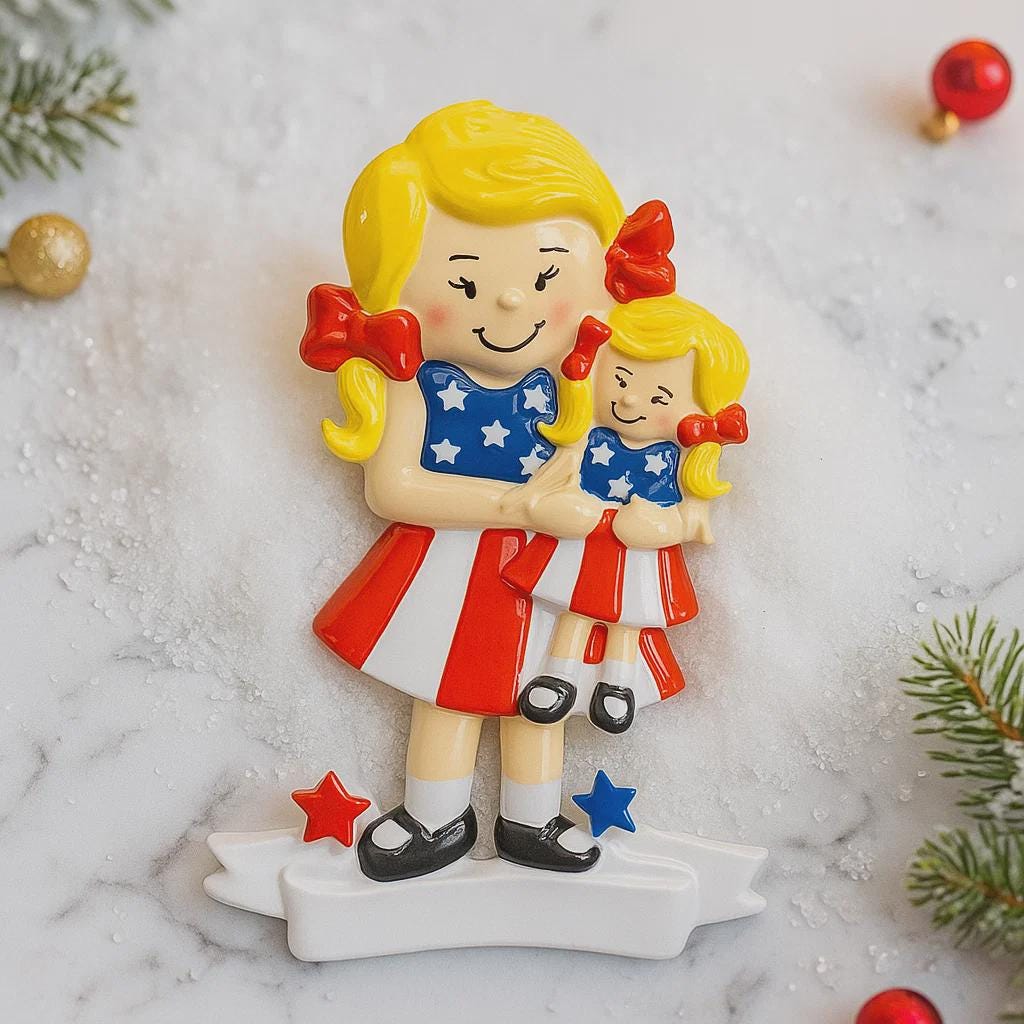Decorative ornament of two girls in American flag dresses on a marble surface with Christmas decorations.