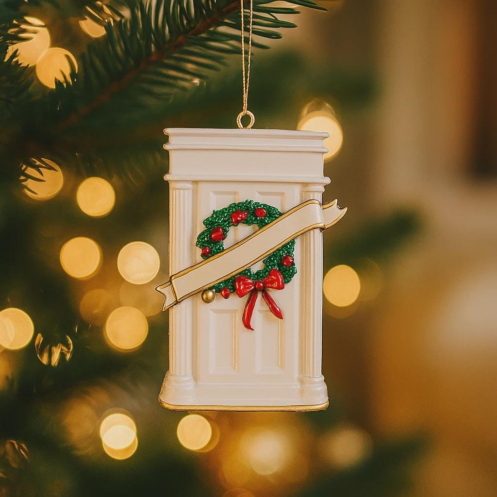 Decorative ornament of a door with a wreath on a Christmas tree with blurred lights in the background