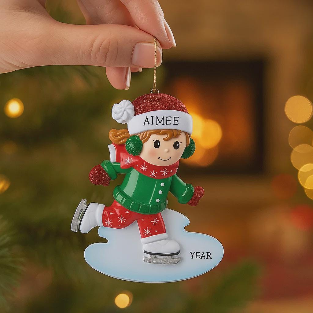 This ice skating girl ornament features a joyful winter character gliding on ice, wearing a festive red and green outfit with cozy winter details. The design highlights a playful skating pose, soft facial expression, and winter accessories that capture the magic of the holiday season. Personalized with a name on the hat and a year on the ice base, this ornament works beautifully as a Christmas tree decoration or winter keepsake gift for children and families.
