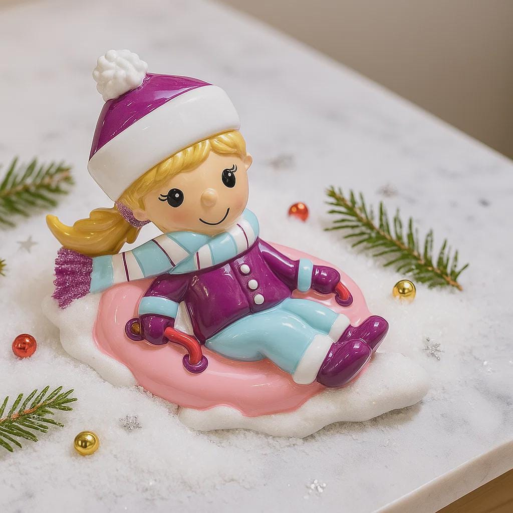 Christmas ornament of a girl on an inner tube with winter clothing, surrounded by festive decorations.