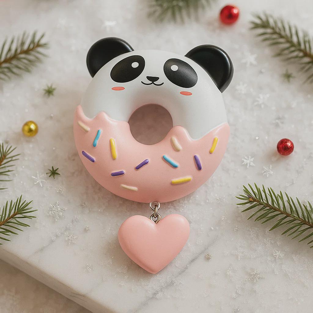 Personalized panda donut Christmas ornament with custom name and year, cute animal holiday tree decoration
