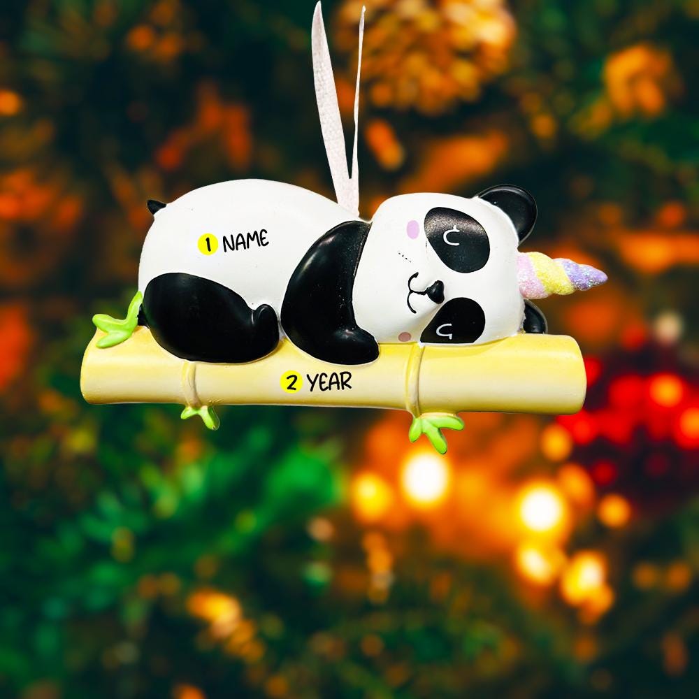 Fully 3D personalized unicorn panda Christmas ornament featuring a sleeping panda resting on a bamboo branch with a pastel unicorn horn. This ornament has a fully sculpted three dimensional front and back with no flat surfaces, creating a playful and premium look. Custom name and year are added by hand. Perfect for kids, panda lovers, unicorn fans, and whimsical holiday decor. A unique 3D keepsake for Christmas trees and seasonal displays.
