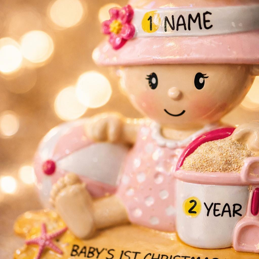 Personalized baby first Christmas ornament for baby girl featuring a beach and summer inspired design. This adorable keepsake includes handwritten name and year personalization, a soft pink baby figure, sand details and playful seaside elements. The ornament has a lightweight 2D base with raised 3D detailing on the front only. Perfect for baby’s first Christmas, nursery decor, coastal holiday themes and meaningful family gifts.
