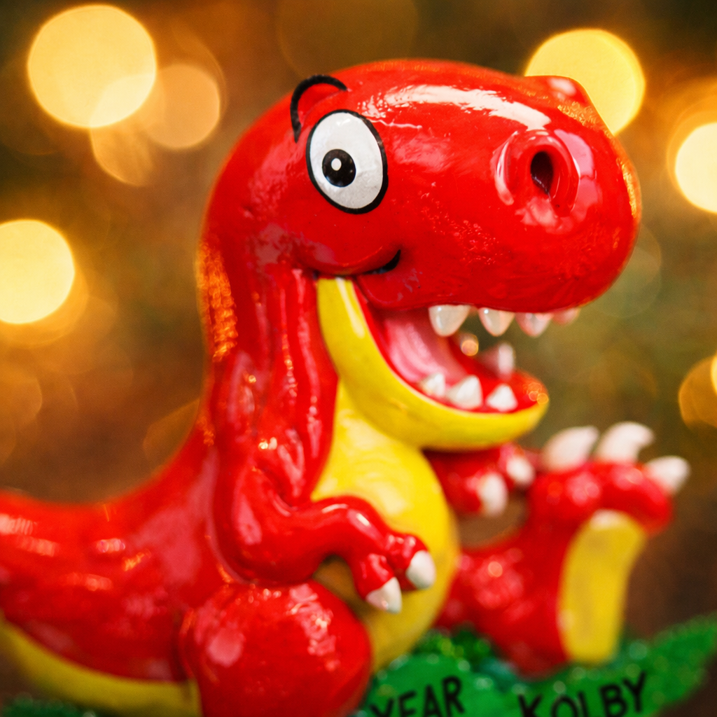 Colorful dinosaur themed Christmas ornament designed for kids, featuring a playful character and bright cheerful tones. Set in a cozy holiday scene, this ornament brings fun and imagination to children’s Christmas tree decor. Designed to be personalized, making it a special keepsake for kids who love dinosaurs and playful holiday decorations.
