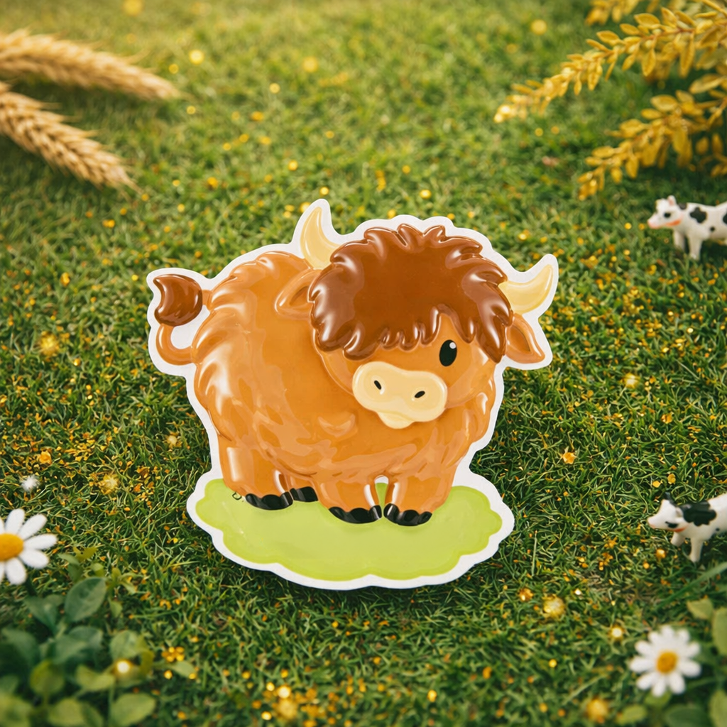 Adorable Highland cow themed Christmas ornament featuring a fluffy brown cow design with soft rounded details and a warm countryside feel. Styled in a natural green meadow setting, this ornament is designed to be personalized and brings a cozy farm inspired charm to holiday tree decor.
