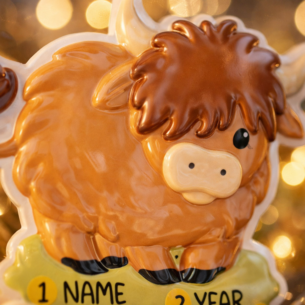 Adorable Highland cow themed Christmas ornament featuring a fluffy brown cow design with soft rounded details and a warm countryside feel. Styled in a natural green meadow setting, this ornament is designed to be personalized and brings a cozy farm inspired charm to holiday tree decor.
