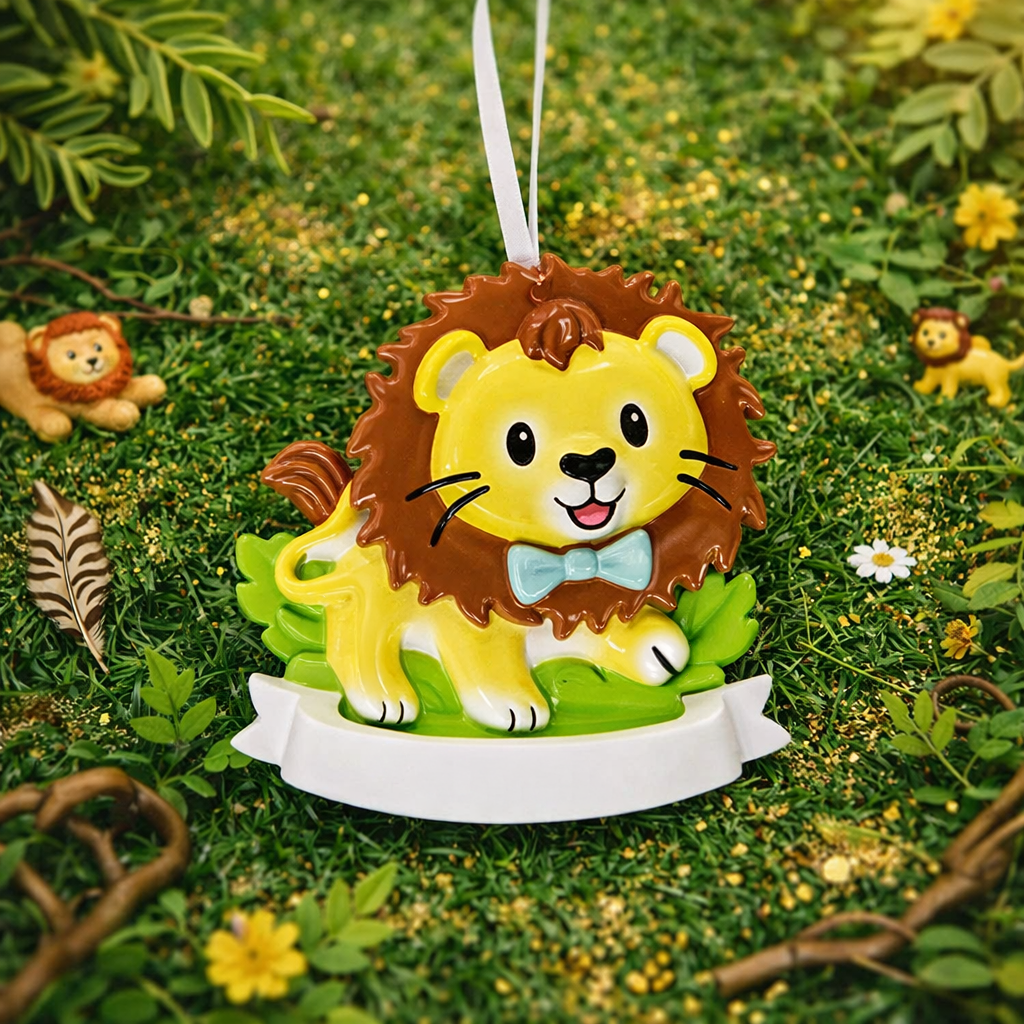 A cute lion themed Christmas ornament designed with a playful and colorful style, perfect for kids and animal lovers. This ornament features a friendly lion character standing on a grassy base with a glossy finish and cheerful details. The design includes a personalization option, allowing a custom name and year to be added, making it a meaningful keepsake for children or family holiday traditions. Ideal for Christmas trees, nursery decor, or as a unique personalized gift for animal themed celebrations.