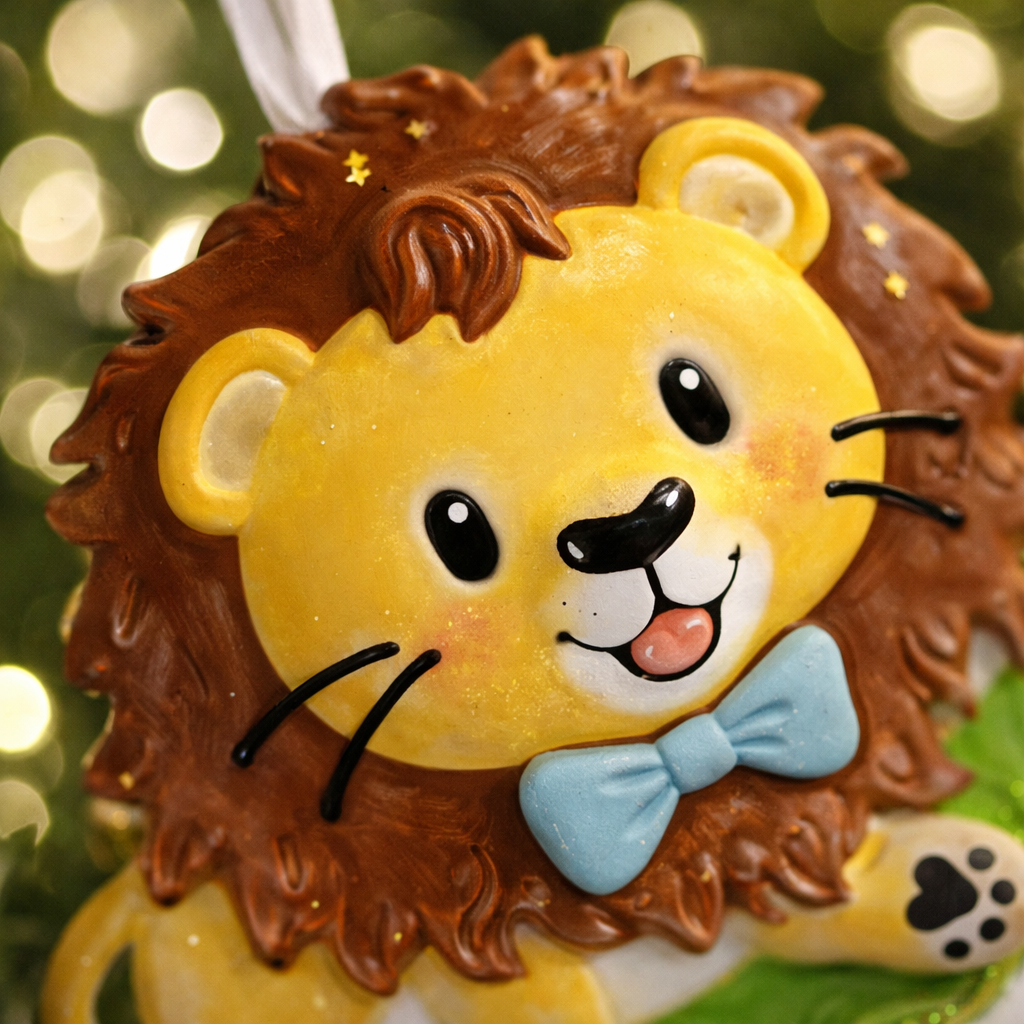 A cute lion themed Christmas ornament designed with a playful and colorful style, perfect for kids and animal lovers. This ornament features a friendly lion character standing on a grassy base with a glossy finish and cheerful details. The design includes a personalization option, allowing a custom name and year to be added, making it a meaningful keepsake for children or family holiday traditions. Ideal for Christmas trees, nursery decor, or as a unique personalized gift for animal themed celebrations.