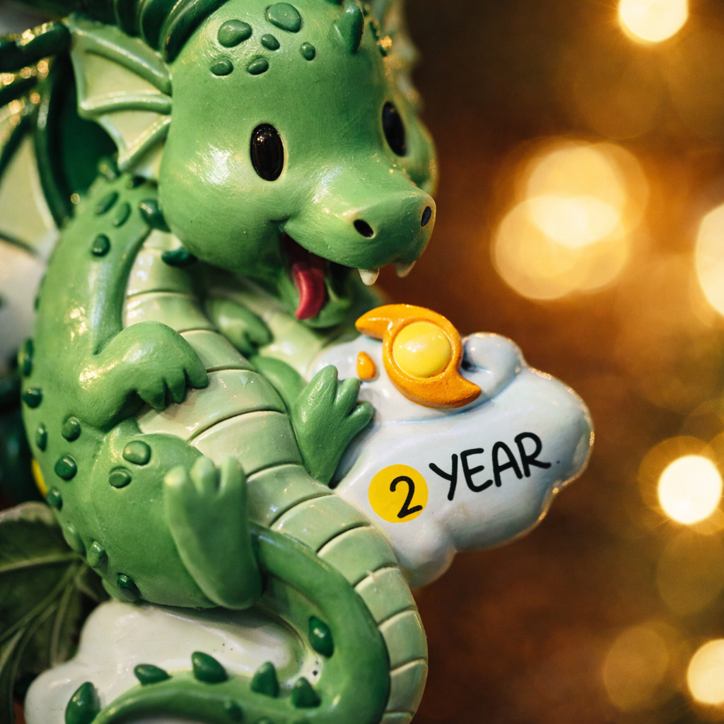 green dragon ornament designed with a fully sculpted 3D front that showcases raised details and expressive features, paired with a smooth 2D flat back for lightweight hanging. The glossy finish enhances the depth of the front design while keeping the back clean and minimal. Personalized name and year placement are clearly visible, making this dragon ornament a magical keepsake and a charming addition to holiday decor or fantasy themed collections.