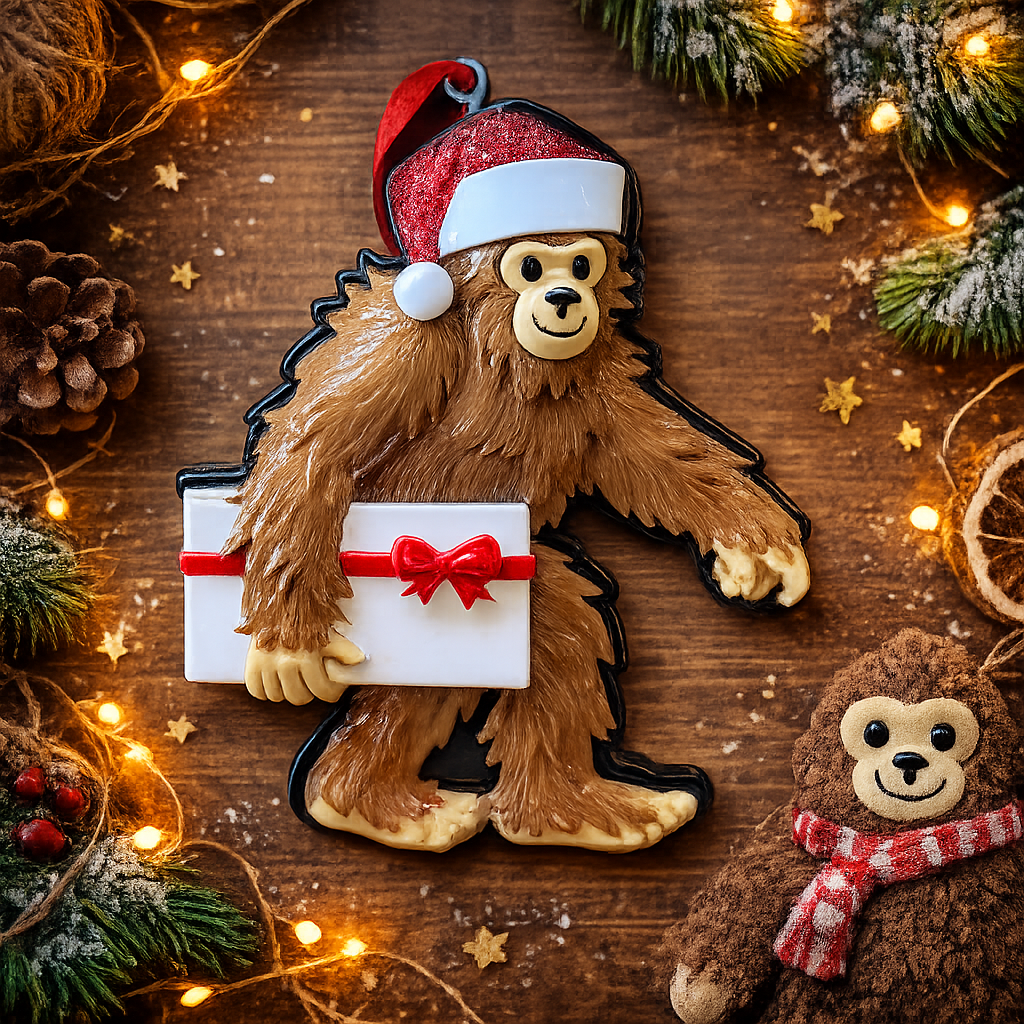 This playful Bigfoot Christmas ornament features a cheerful sasquatch character wearing a Santa hat and holding a gift, finished with a glossy surface that highlights the raised details and festive colors. The design brings a fun and whimsical holiday vibe, making it a standout decoration for Christmas trees, shelves, or seasonal displays, especially for Bigfoot lovers and collectors of unique holiday ornaments.
