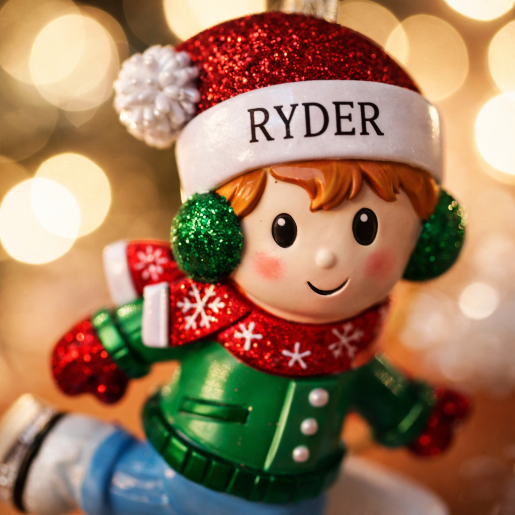 This personalized ice skating boy ornament features a cheerful winter skater wearing festive holiday clothing and gliding across an icy base. The design includes a custom name on the hat and a year displayed on the base, making it a perfect keepsake for celebrating winter memories, first Christmas moments, or a child’s love for ice skating and winter sports.
