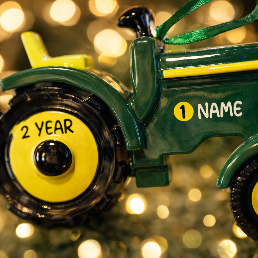 Green tractor ornament featuring a classic farm tractor design with a deep green glossy finish and yellow wheel details. The ornament includes free handwritten personalization with one name and one year, making it a meaningful keepsake for farm families and tractor loving children. Inspired by country life and rural traditions, this ornament is perfect for farmhouse Christmas decor and personalized holiday displays.
