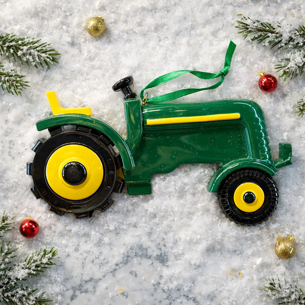 Green tractor ornament featuring a classic farm tractor design with a deep green glossy finish and yellow wheel details. The ornament includes free handwritten personalization with one name and one year, making it a meaningful keepsake for farm families and tractor loving children. Inspired by country life and rural traditions, this ornament is perfect for farmhouse Christmas decor and personalized holiday displays.
