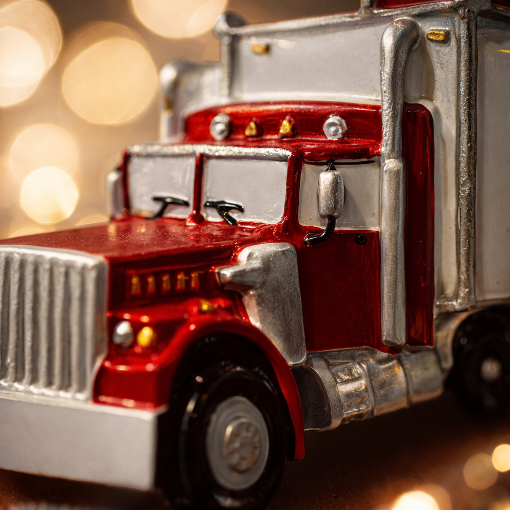 Red semi truck ornament featuring a classic delivery truck design with a glossy red cab and white trailer. The ornament includes free handwritten personalization with a name and year, making it a meaningful keepsake for truck drivers, transportation families, and kids who love big trucks. Clean front facing design with smooth resin finish, perfect for Christmas tree decor and holiday displays.
