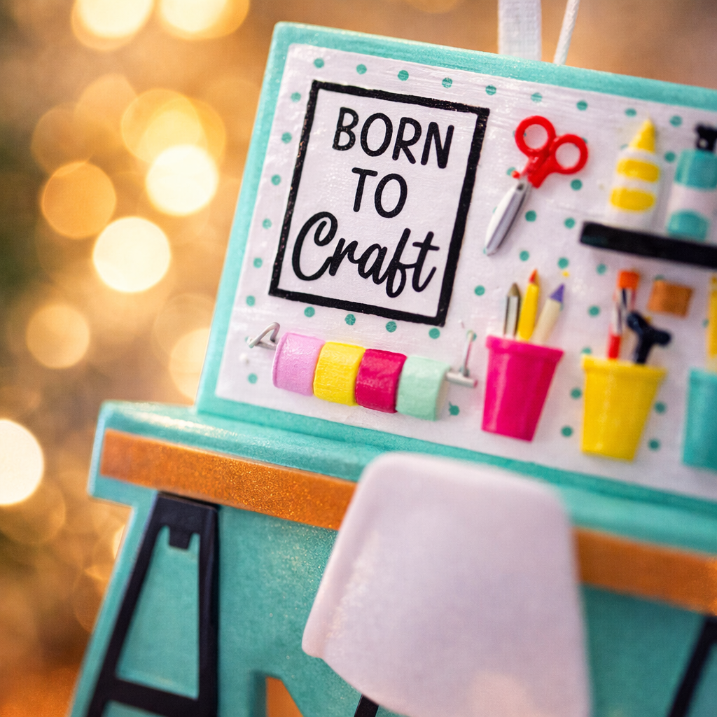 Born to Craft ornament featuring a creative desk scene with colorful craft supplies including scissors paint bottles brushes pencils and storage cups. The ornament showcases a playful crafting workspace design with a modern chair and desk setup. Made from durable resin with a detailed 3D front and flat 2D back for smooth hanging. Includes free handwritten personalization making it a perfect gift for crafters artists DIY lovers and creative kids. Ideal for Christmas trees craft rooms studios and handmade the