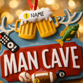 Load image into Gallery viewer, Man cave themed personalized ornament featuring a bold red Man Cave sign design with raised 3D details including beer mugs antlers sports icons and hobby elements. The ornament allows name personalization on the top area and year personalization at the bottom making it a fun and meaningful keepsake. Designed with a flat back for easy hanging this ornament is perfect for man cave decor Christmas trees or gift displays. Ideal for dads husbands boyfriends and anyone who loves their personal space traditions an
