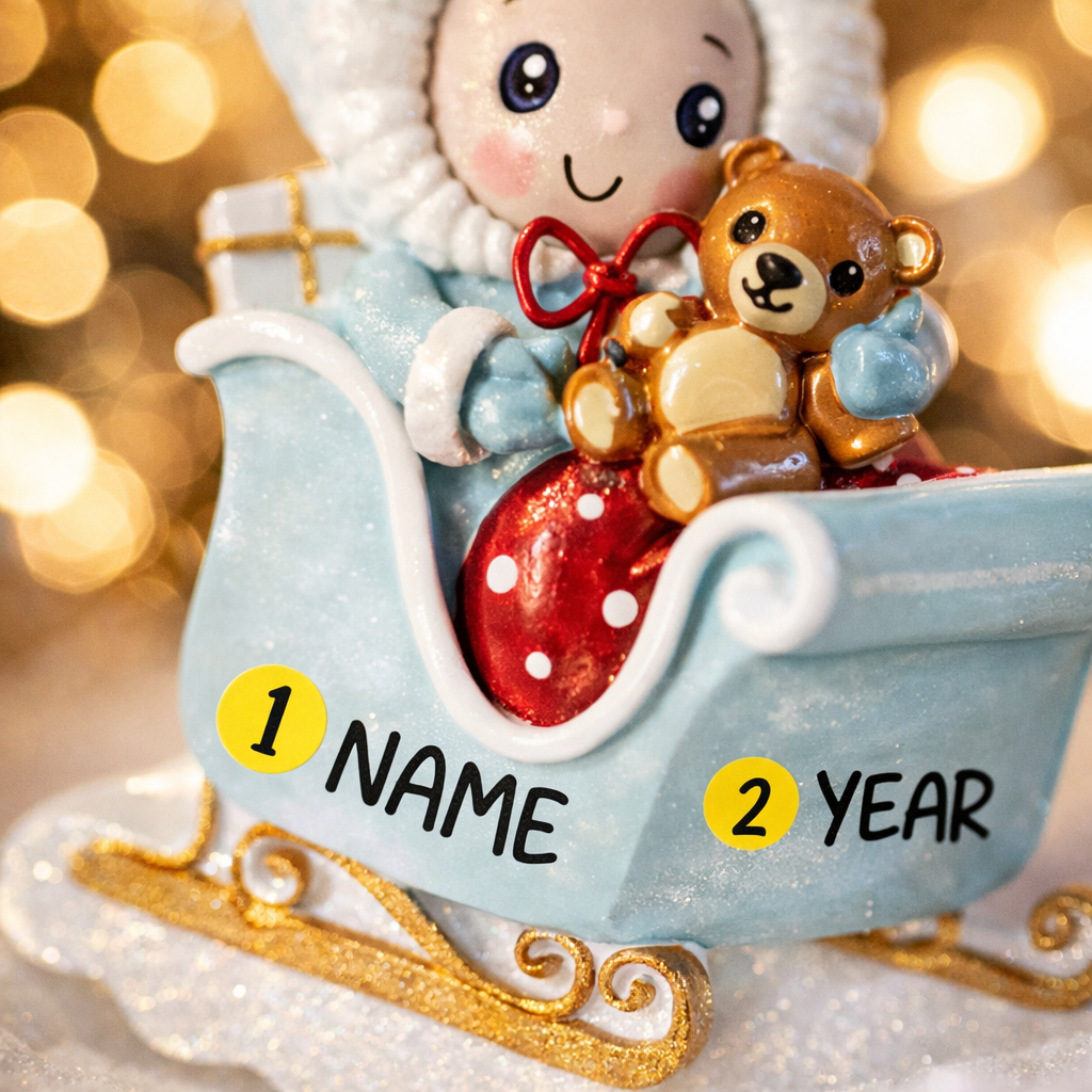 Personalized baby first Christmas ornament featuring a sweet baby boy sitting in a pastel blue sleigh holding a small teddy bear. Handwritten baby name and year displayed on the sleigh front. Smooth resin finish with soft winter tones, lightweight structure, mostly 2D ornament with raised 3D front details, designed for baby boy nursery themed Christmas tree decor and keepsake gifting.