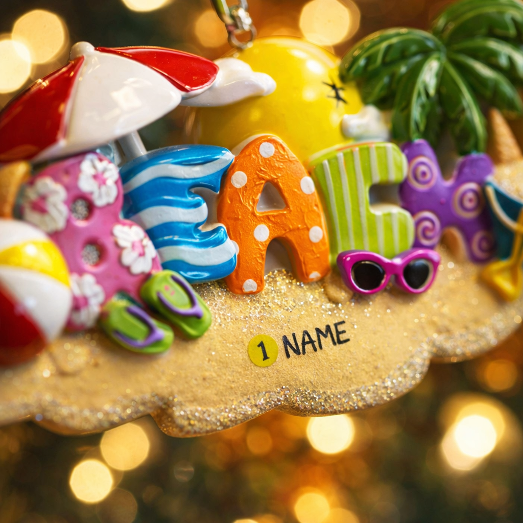 Personalized beach vacation ornament featuring colorful summer themed letters spelling BEACH with playful details including sunglasses palm tree sun umbrella beach ball and sand bucket. Designed with a smooth glossy finish and a raised 3D front with a flat back for easy hanging. Includes free handwritten personalization with one name and year on the sandy base. Styled on a bright beach inspired background with warm light reflections creating a fun tropical holiday vibe. Perfect for Christmas tree decor summ
