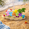 Load image into Gallery viewer, Personalized beach vacation ornament featuring colorful summer themed letters spelling BEACH with playful details including sunglasses palm tree sun umbrella beach ball and sand bucket. Designed with a smooth glossy finish and a raised 3D front with a flat back for easy hanging. Includes free handwritten personalization with one name and year on the sandy base. Styled on a bright beach inspired background with warm light reflections creating a fun tropical holiday vibe. Perfect for Christmas tree decor summ
