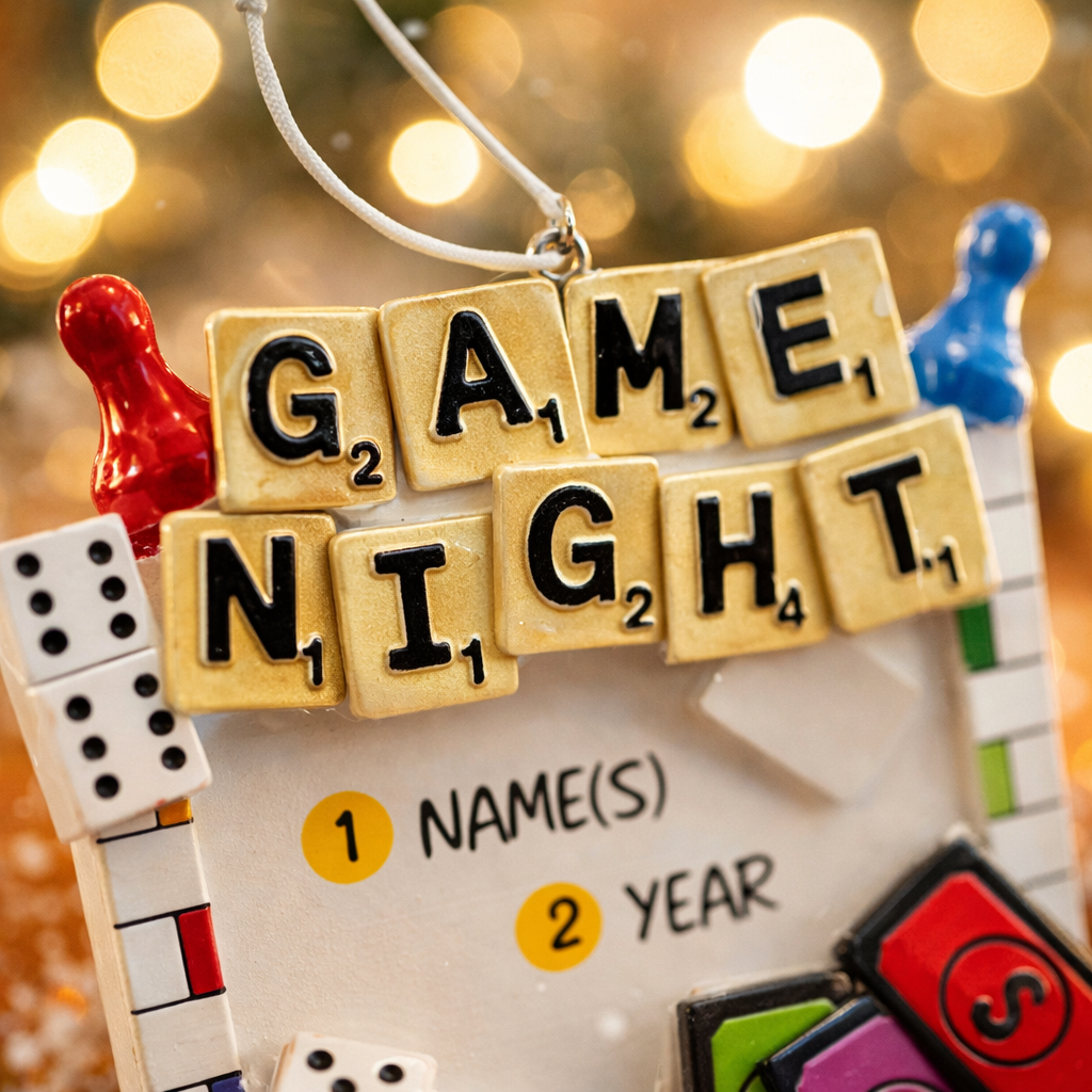 Personalized game night ornament featuring a playful board game inspired design with dice tiles and colorful game pieces. Includes free handwritten personalization with name or names and year displayed on the front. Designed with a raised 3D front and flat back for easy hanging. Perfect for board game lovers family game nights and Christmas tree decor. A fun keepsake gift for friends couples and families who love game nights.