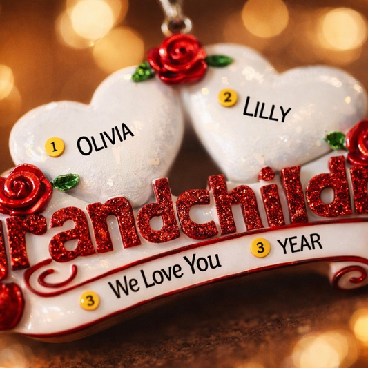 Personalized grandparents Christmas ornament featuring two white heart shapes with custom names, red rose details, glitter red grandchildren lettering and a heartfelt we love you message, designed as a sentimental holiday keepsake for grandparents, displayed on a warm rustic wooden background with cozy Christmas lights, ornaments and festive decor, perfect for celebrating family love and cherished memories during the holiday season