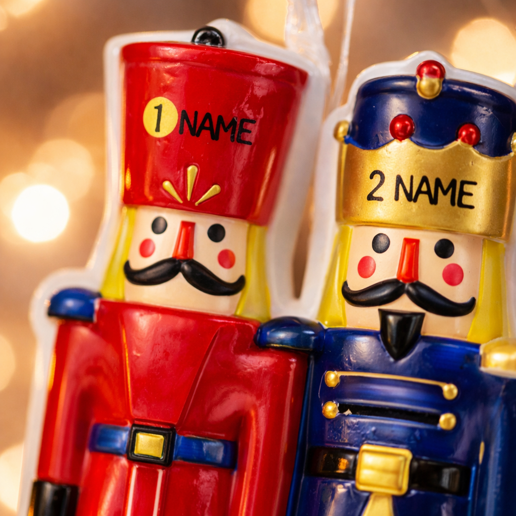 Festive close up of a personalized nutcracker couple ornament featuring two classic nutcracker figures in red and blue uniforms with custom name details. Designed for couples, partners, siblings, or loved ones, this ornament symbolizes balance, tradition, and togetherness. A timeless Christmas keepsake ideal for tree decor, holiday gifting, and celebrating meaningful bonds.
