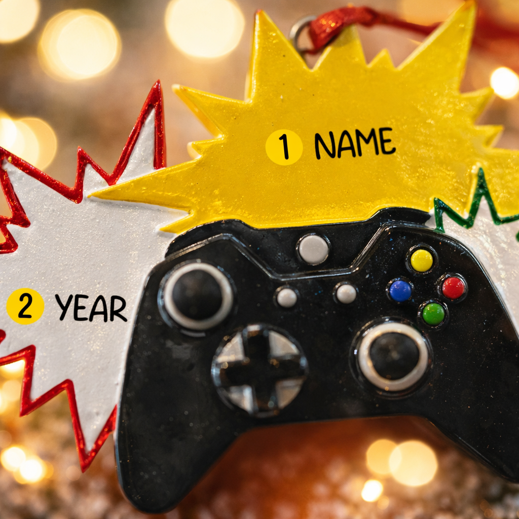 Personalized gamer controller Christmas ornament featuring a raised 3D front with detailed game controller design, including realistic buttons, joystick elements, and bold comic style accents. The ornament has a smooth flat 2D back for easy hanging and long lasting durability on the Christmas tree. The design allows personalization with a name and year clearly displayed on the front, making it a unique holiday keepsake. Bright colors and gaming themed details make this ornament perfect for kids, teens, and 