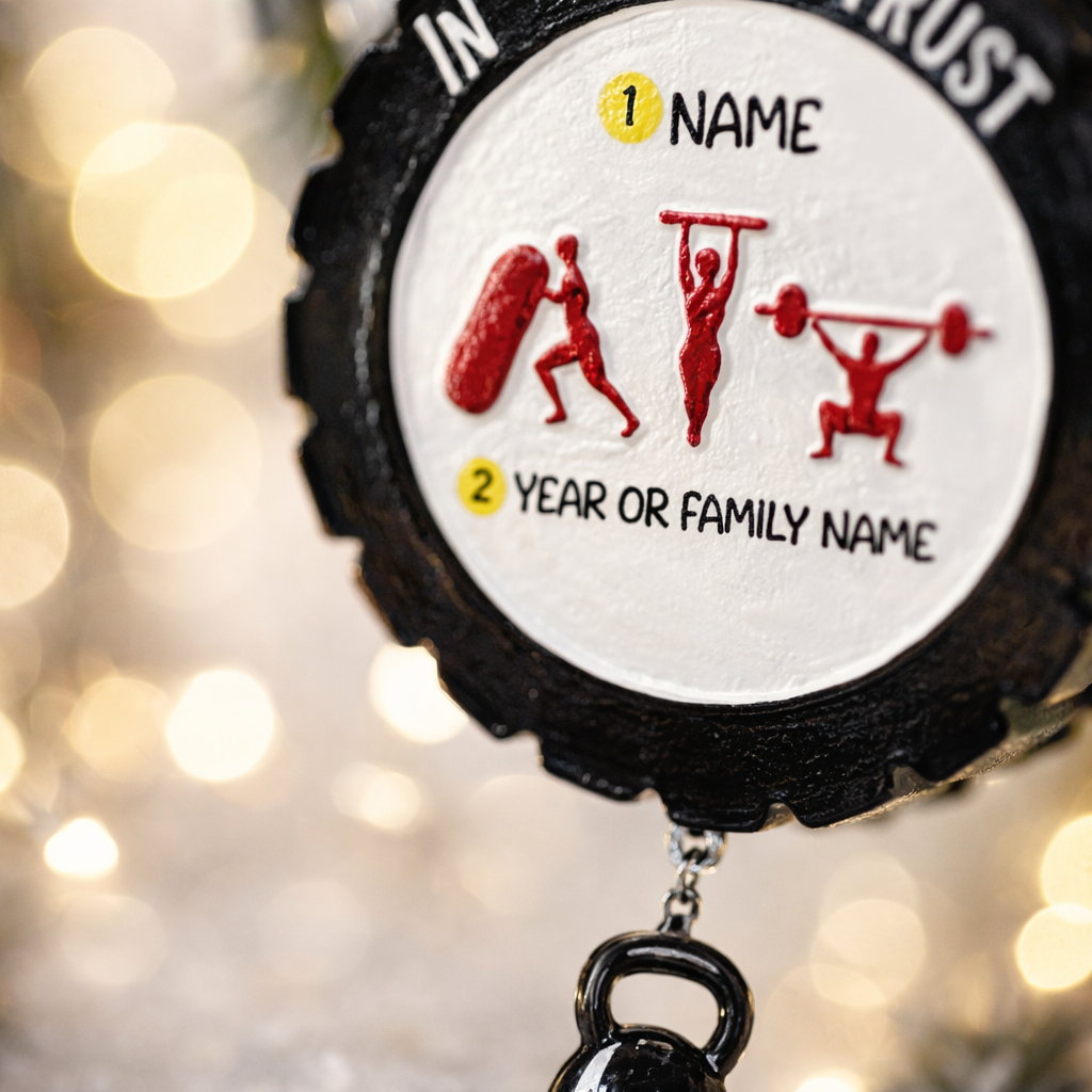 Personalized weightlifting and fitness Christmas ornament featuring a raised 3D front with bold circular design and red strength icons including boxing, gymnastics rings, and weightlifting. The ornament has a textured black outer rim and a flat 2D back for easy hanging. Includes a hanging kettlebell charm for added depth and movement. Hand-added personalization allows a name and year or family name. Photographed on a festive Christmas tree background with warm holiday lights.
