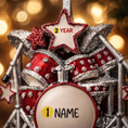 Load image into Gallery viewer, Personalized drum set ornament featuring a detailed red and silver drum kit with cymbals and star accents. Customizable with one name and a year. Crafted from resin with a glossy finish, featuring 3D raised front drum elements and a flat 2D back for balanced hanging. Finished with a satin ribbon. Designed for drummers musicians band members and music themed Christmas tree decor.
