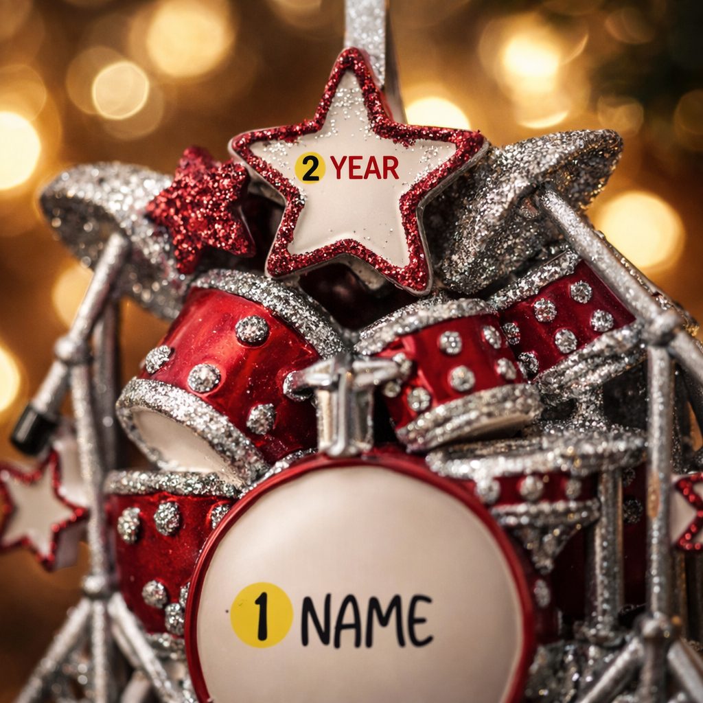 Personalized drum set ornament featuring a detailed red and silver drum kit with cymbals and star accents. Customizable with one name and a year. Crafted from resin with a glossy finish, featuring 3D raised front drum elements and a flat 2D back for balanced hanging. Finished with a satin ribbon. Designed for drummers musicians band members and music themed Christmas tree decor.
