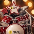 Load image into Gallery viewer, Personalized drum set ornament featuring a detailed red and silver drum kit with cymbals and star accents. Customizable with one name and a year. Crafted from resin with a glossy finish, featuring 3D raised front drum elements and a flat 2D back for balanced hanging. Finished with a satin ribbon. Designed for drummers musicians band members and music themed Christmas tree decor.
