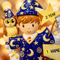 Load image into Gallery viewer, A cute blue-robed wizard boy Christmas ornament featuring a magic wand, star, open book and owl, perfect for kids. Personalized with name and year. Ideal holiday tree decoration for little wizard fans and magical Christmas gifts.
