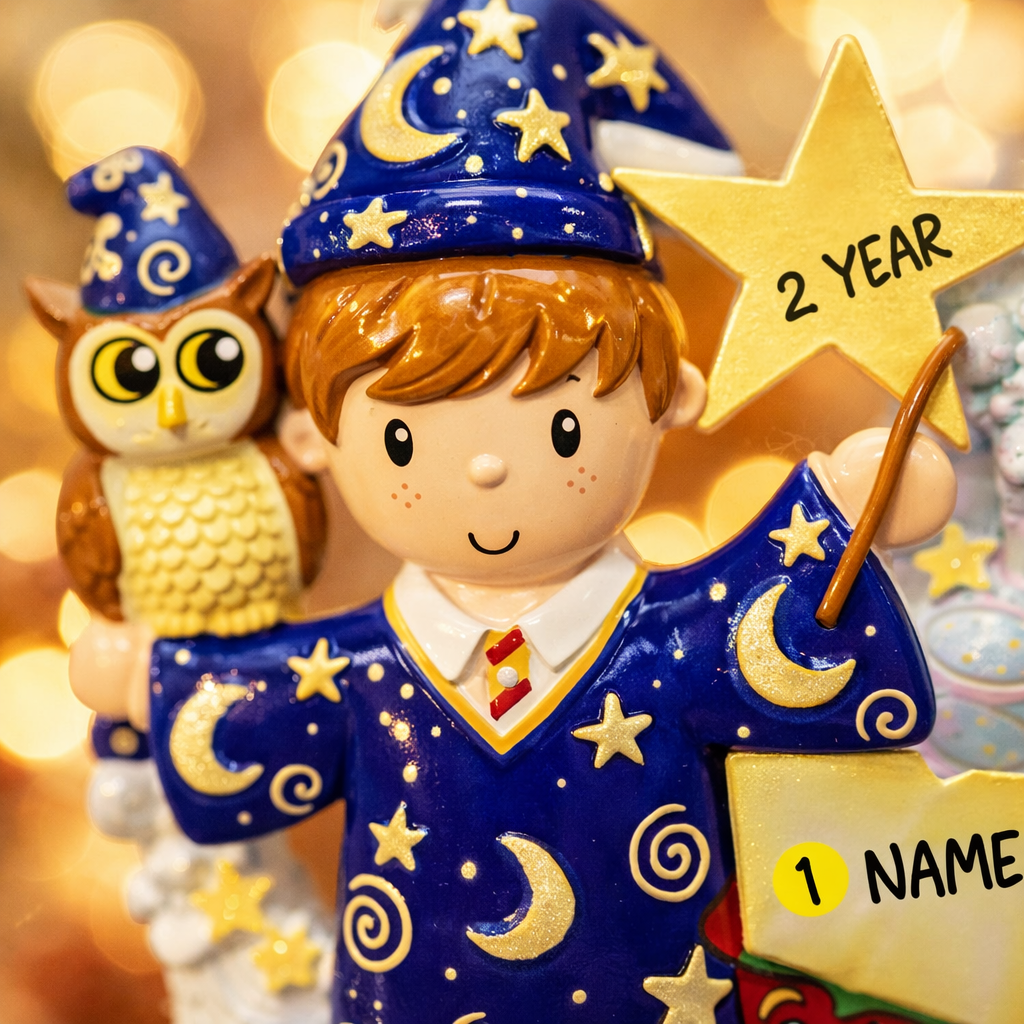 A cute blue-robed wizard boy Christmas ornament featuring a magic wand, star, open book and owl, perfect for kids. Personalized with name and year. Ideal holiday tree decoration for little wizard fans and magical Christmas gifts.